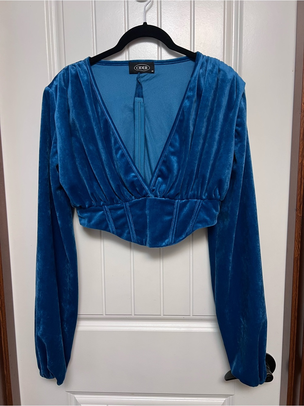 Cider Teal Velvet Cropped Deep V Long Sleeve Top